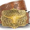 Mawjom Western Cowboy PU Leather Belt - Men Waist Strap Bull Decoration Floral Engraved for Jeans 25" to 38" Waist (Brown-square-buckle)