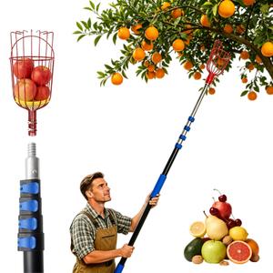 26FT Reach Fruit Picker with Basket, Telescoping Aluminum Pole 5-20FT, Dual Flip-Lock & Screw Fixing Design for Apple Orange Mango Avocado Lemon Picking