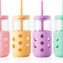 Mrsdry Glass Cups with Lids and Straws (4 Pcs), 16oz Drinking Glasses Set with Silicone Sleeves for Coffee Bar Accessories Iced Coffee Cups with Lids, Glass Tumbler Reusable for Gifts (Mint)