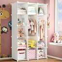 Modular Baby Wardrobe Closet, Portable Children Organizers and Storage for Nursery,15 Cubes with Hanging Rods,Multi-Functional Kids Storage Shelf-Bedroom Clothes Armoire (Boys & Girls)