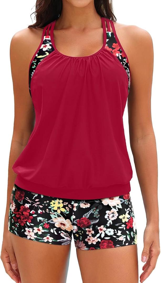 Yonique Two Piece Tankini Bathing Suits T-Back Blouson Swim Tops with Boy Shorts Women Swimsuits Sporty Swimwear, XL