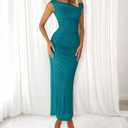 BTFBM 2026 Summer Wedding Guest Dresses for Women One Shoulder Bodycon Ruched Mesh Formal Cocktail Spring Fall Maxi Dress (Teal, S)
