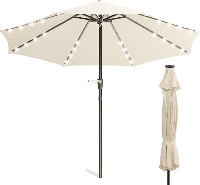 Blissun 9 ft Solar Umbrella, Patio Umbrella with 32 LED Lights, Table Market Umbrella, Outdoor Umbrella for Garden, Deck, Backyard,Beige