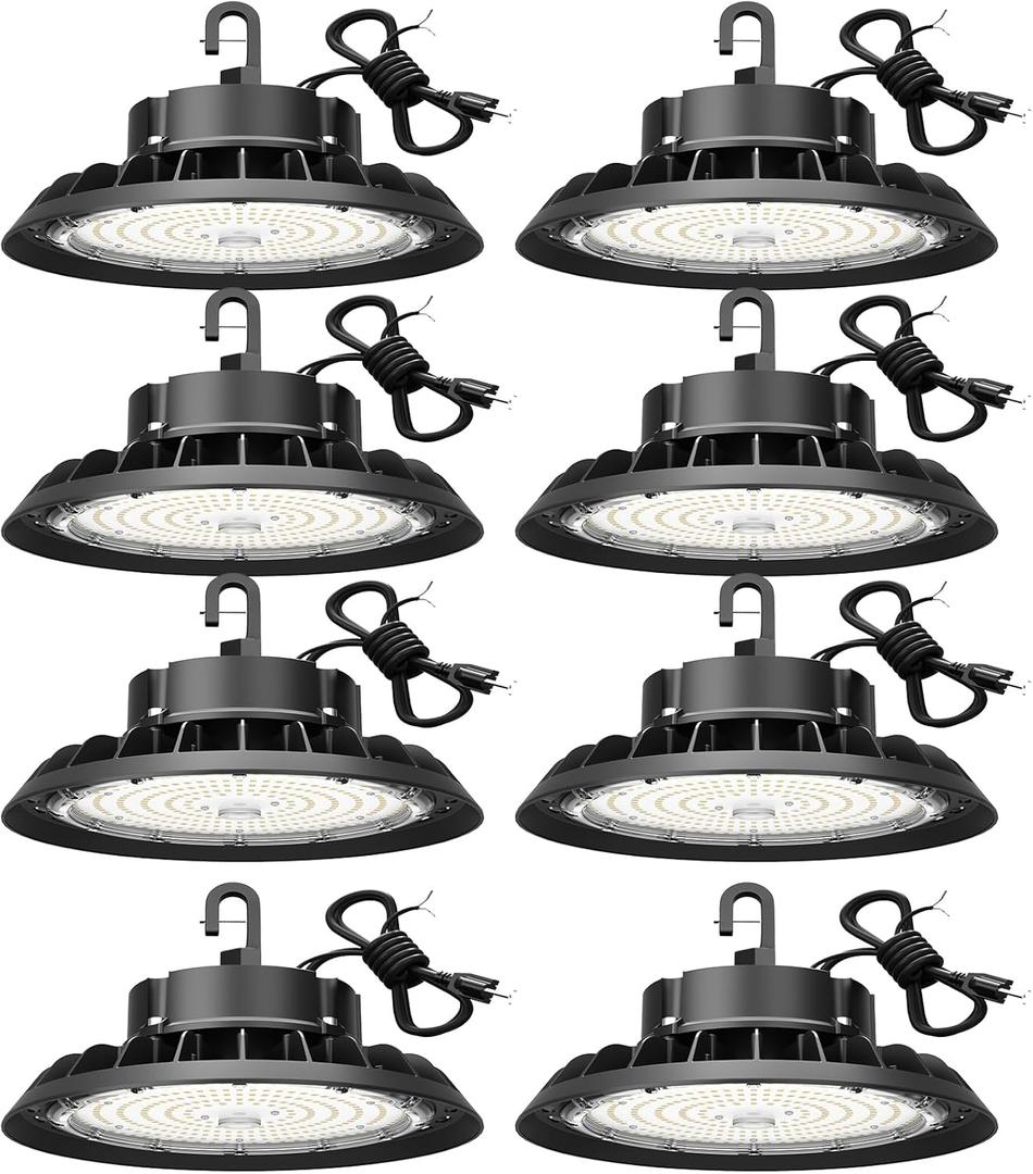 UFO LED High Bay Light 100W 8Pack, High Bay LED Shop Lights 14,000LM Dimmable, 6' Cable with US Plug, Hanging Hook, Safe Rope, High Bay LED Light for Warehouse Factory Barn Shop