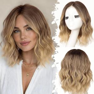 Eawwii Brown to Blonde Short Wavy Wig for Women Lace Hairline Bob Style Synthetic Heat Resistant - Natural Appearance for Everyday Hairstyle 14 Inch