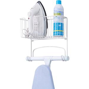 mDesign Wall Mounted Ironing Board Holder - Steel Ironing Board Rack for Easy Organisation - Includes Basket for Iron Storage - White (13.5 x 5.25 x 11.75)