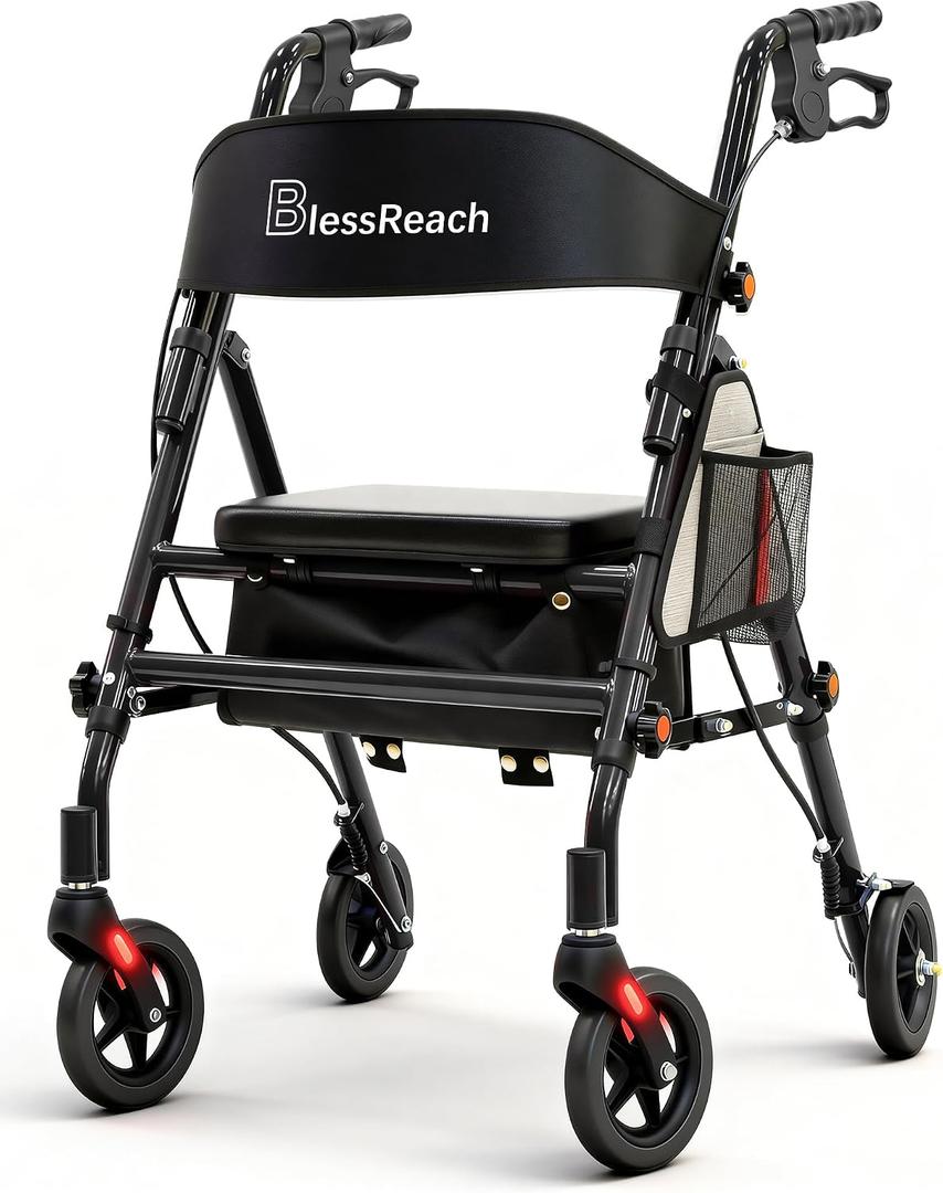 BlessReach Lightweight Foldable Rollator Walkers with Seat for Seniors, 350 lb Capacity, 5-Position Adjustable Height, Premium Hybrid Rolling Walker - Aluminum and Carbon Steel (Black)