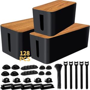 YUANYE Cable Management Box Cable Management Kit for Power Strip to Hide Wires,Cord Organizer Boxes,Safe ABS Material Wire Organizer of Cable Clips Sleeve for Home & Office,3Pack-128PCS /Black