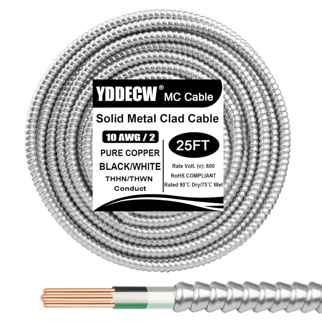 25ft 10/2 Metal Clad (MC) Cable with Ground, 10 Gauge Electric Wire with Aluminum Armor, Solid Bare Copper Conductors for Indoor Outdoor Underground Embedded Installation (10/2, 25 ft)