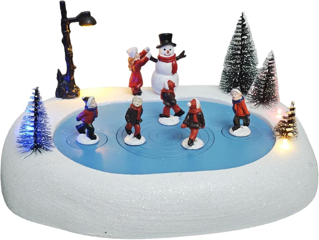MerryPulse Christmas Village Ice Skating Rink, Colorful Lighted Animated Musical Winter Snow Village Indoor Decoration