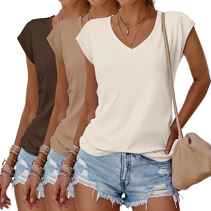 Huukeay 3 Pack Women’s V Neck T Shirts, Cap Sleeve Summer Casual Tops Loose Fit Short Sleeve Tees Basic Trendy Shirts M