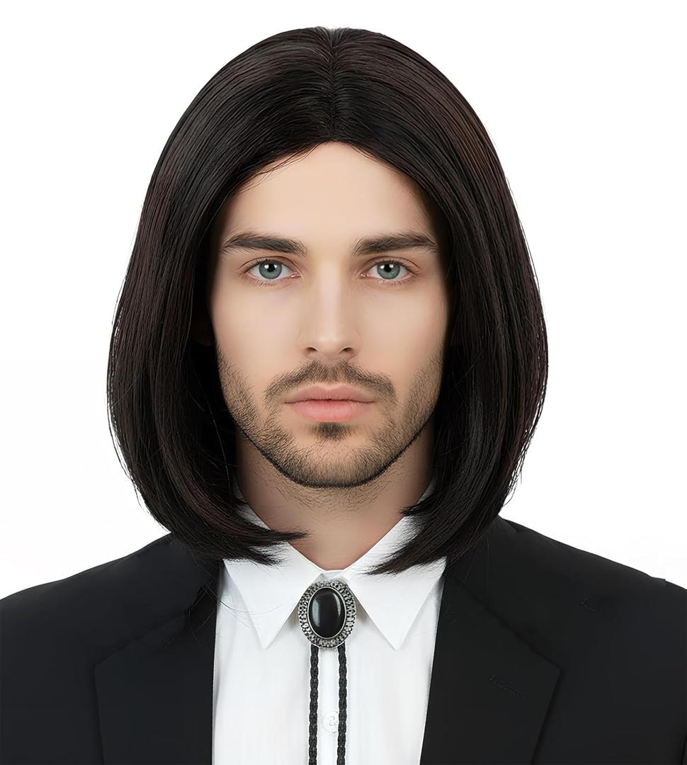 HORTYZON Men's Black Medium-Length Wig 1990s Retro Halloween Character Costume Wig(Black/Medium/shawl)