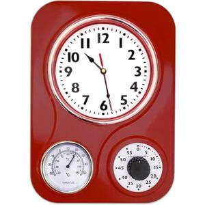 Lily's Home -9.5 Inch x 12.5 Inch -Retro Kitchen Wall Clock, Vintage Wall Clock with a Thermometer and 60-Minute Timer, Ideal for Any Kitchen, Office, or Diner (Retro Red)