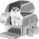 Stainless Steel Cat Litter Box 2-Pack, XL Extra Large Metal Litter Box with Lid for Big Cats, High Sided Design with Scoop & Pedal, Non-Stick, Anti-Leak, Easy to Clean-Light Grey 