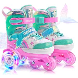 NEMONE Mermaid Light up Roller Skates for Girls, Purple Blue Skates for Toddlers, Beginner Kids Butterfly Roller Skates Indoor Outdoor, Size X