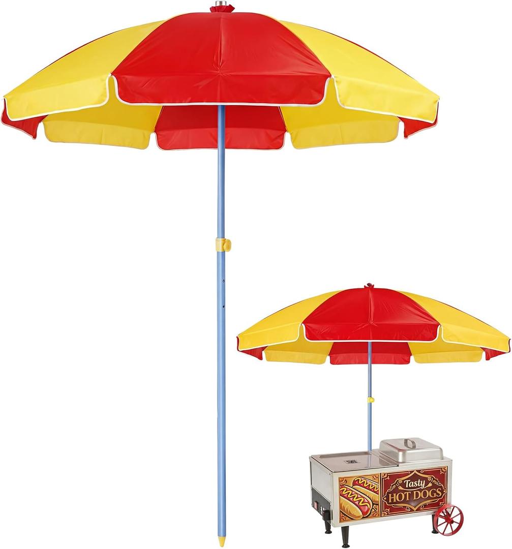 6.5ft Commercial Hot Dog Cart Umbrella, 7.5ft High Pole UV Blocking Waterproof Canopy for Outdoor Food Truck Mobile Vendors Catering Stand(Red and Yellow), Small