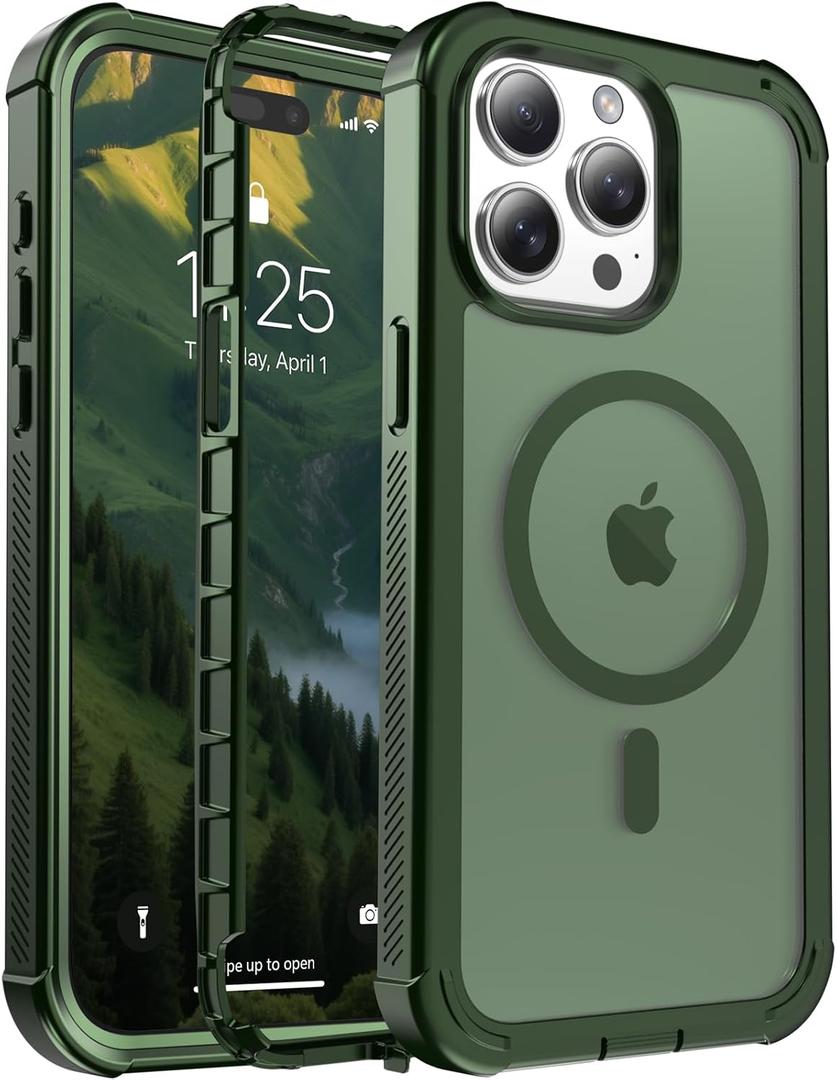 jaroco Magnetic for iPhone 15 Pro Max Case, [Compatible with MagSafe][Military Grade Drop Protection][Heavy Duty Protection][Non-Slip][Shockproof] 2-Layer Durable Bumper Phone Case 6.7''-Army Green