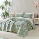 Sanracie Oversized Queen Size Quilt Bedspread Set(102"x118"), 100% Cotton Green Flower Bird Butterfly Print Botanical Quilted Bedding Set 3Pcs Lightweight Breathable Bedspreads for All Seasons