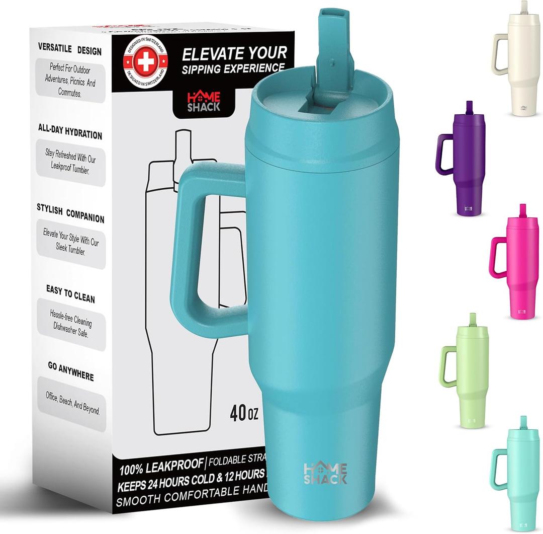 40 oz Tumbler with Handle and Foldable Straw Lid - Leakproof Insulated Stainless Steel Water Bottle - Hot & Cold Beverage Travel Mug - Reusable Iced Coffee Cup - Cupholder Friendly - Gift (Blue)