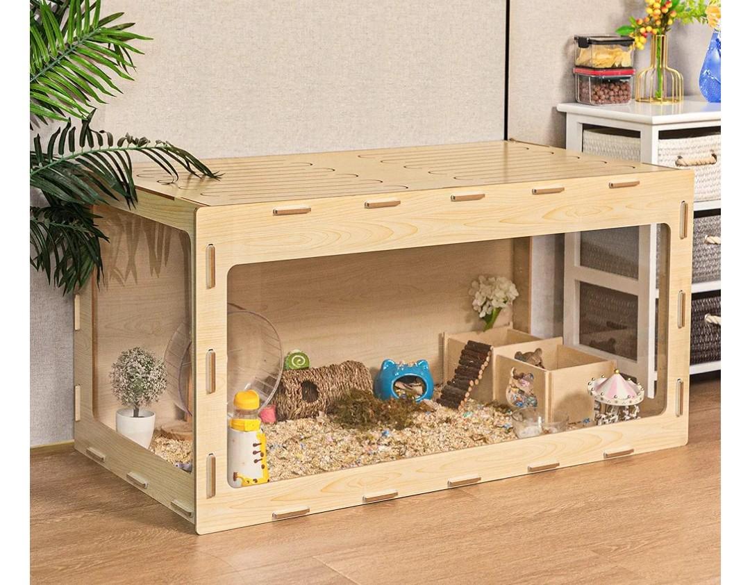 Wooden Hamster Cage Small Animals House, Durable and Spacious Acrylic Hutch with Opening Top and Air Vents, Ideal for Dwarf Hamster, Guinea Pig, Chinchilla