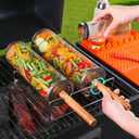 Rolling Grill Baskets (2PCS), Removable Wooden Handle, 304 Stainless Steel, Nesting Grilling Net, BBQ Accessories Tools for Vegetable Shrimp, Outdoor Cooking Camping, Birthday Gifts for Men/Dad/Husband