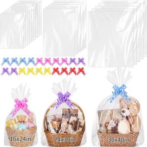 woric 20 Pcs Large Cellophane Bags 3 Sizes 30x40 24x30 16x24in Clear Cellophane Wrap for Gift Baskets Plastic Gift Bags with 20 Pull Bows for Graduation Gifts Wrapping Baby Shower Decor