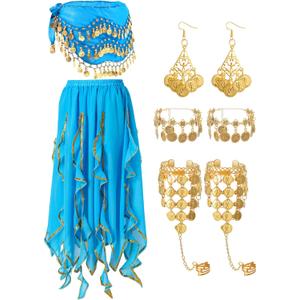 Haysandy 8 Pcs Belly Dance Outfit Sets Women,Belly Dance Skirt, Hip Scarf, 2 Bracelets, Earrings, Anklet Bracelet (Blue)