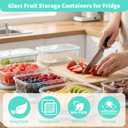 2 Pack Fruit Storage Containers for Fridge, Glass Fruit Containers for Fridge with Airtight Lid, Airflow Vent Design to Keep Produce Fresh Longer, Ideal for Fruits and Vegetables Storage