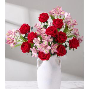 Fake Flowers, 14 Pcs Red Roses & Artificial Lilies Silk Flowers Faux Flowers for Vase Realistic Artificial Flowers Home Decor Bedroom Office Spring Desk Wedding Decoration House Warming Gifts