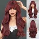 Long Wavy Wine Red Wig with Bang 28 Inch Burgundy Hair Synthetic Heat Resistant Wig Natural Maroon Dark Red Hair Heat Resistant Wigs for Women Daily Party Use