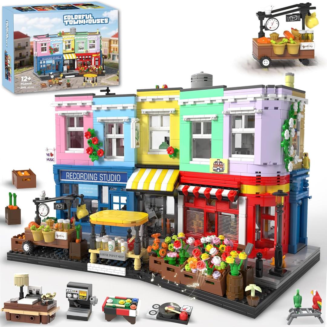 Colorful City Market Building Block Set, London Architecture Main Street Building set with Recording Studio, Coffee Shop, Bakery & Flower Shop, Mini Street Scene Building Block for Adults, 2666Pcs