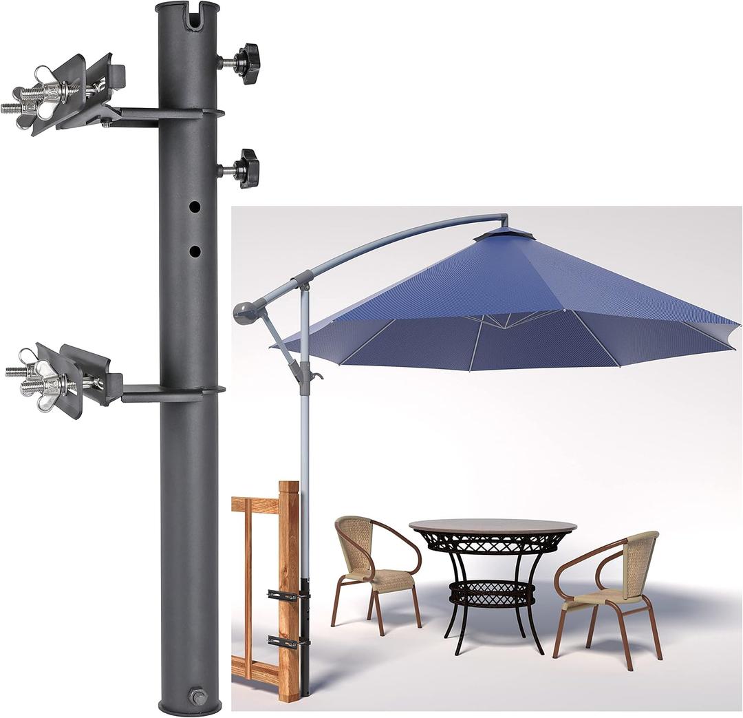 Patio Table/Offset Umbrella Railing Holder, Stainless Steel Outdoor Umbrella Mount/Bracket for Deck Railing, Adjustable Base Width (Tube ID: 2.05"), Onesize