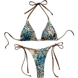 WDIRARA Women's Leopard Print Swimsuit Triangle Halter String Bikini Set 2 Piece Bathing Suit, Small