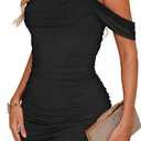 LovelyWholesale Off The Shoulder Mini Dress Sexy Mesh Bodycon Ruched Dresses Cocktail Party Club (Black, M)