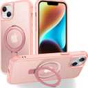 Magnetic Compatible with iPhone 14 Plus Case with Stand [Military Grade Drop Tested][Compatible with Magnet] Ring Translucent Slim Hard Back Soft Edge, Pink
