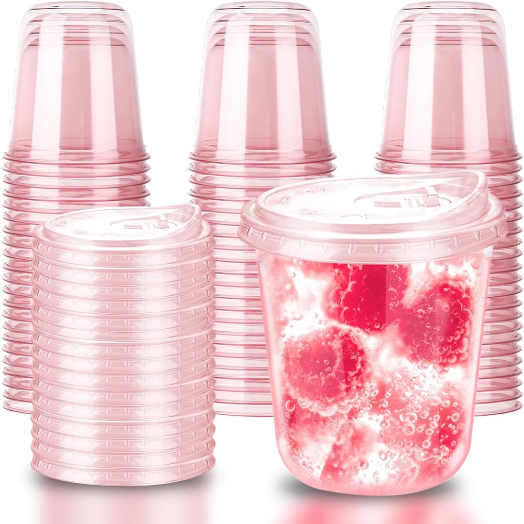 12oz Disposable Stemless Glasses With Strawless Sip Lids,PET Disposable Drinking Cups,Clear Plastic Glasses for Parties Birthday,Wedding,Meeting,Christmas Party Supplies. (50, Pink)