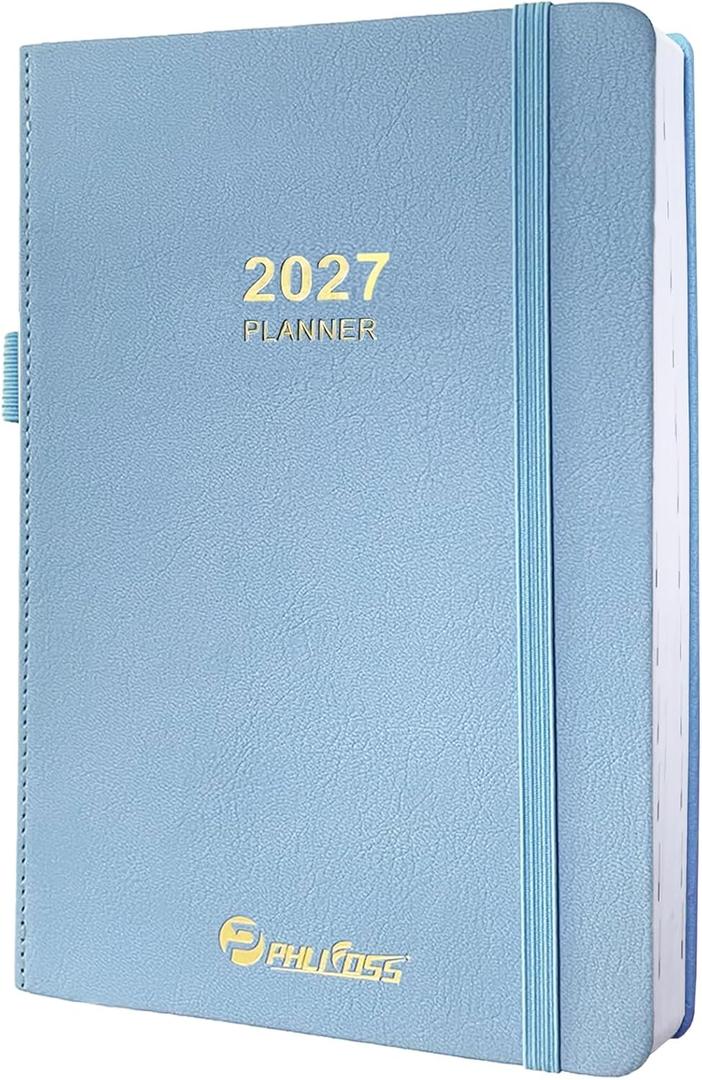 2027 Daily Planner/Calendar, One Page Per Day, Daily Monthly Agenda Planner with Time Slots and Monthly Tabs, Jan - Dec 2027, 5.7" x 8.25" Appointment Book, Pen Holder, Leather Cover (Sky Blue)