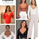 Popilush Long Sleeve Bodysuit for Women Lace Shapewear Body Suits Deep V Tummy Control Corset Trendy Going Out Tops (Black, L)