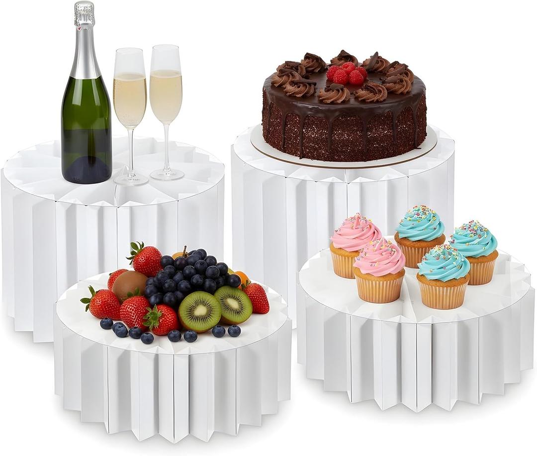 MAQUITA 4 Pack Buffet Risers, Foldable White Cardboard Food Display Risers with PVC Panel Table Tall Cake Stands for Show Catering Desserts, Cake Cupcake, Food, Jewelry