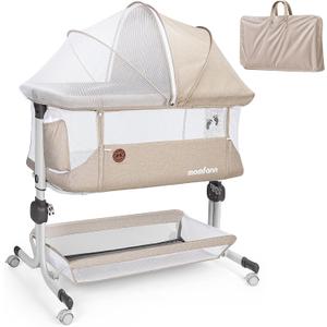MOMFANN Baby Bassinet Bedside Sleeper, 6-Height Adjustment,Oatmeal, Crib