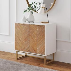 Nathan James Enloe Modern Storage Free Standing Accent Cabinet White with Doors in a Rustic Pine Wood Finish and Gold Powder-coated Metal Base for Hallway, Entryway or Living Room, Brown/White/Gold