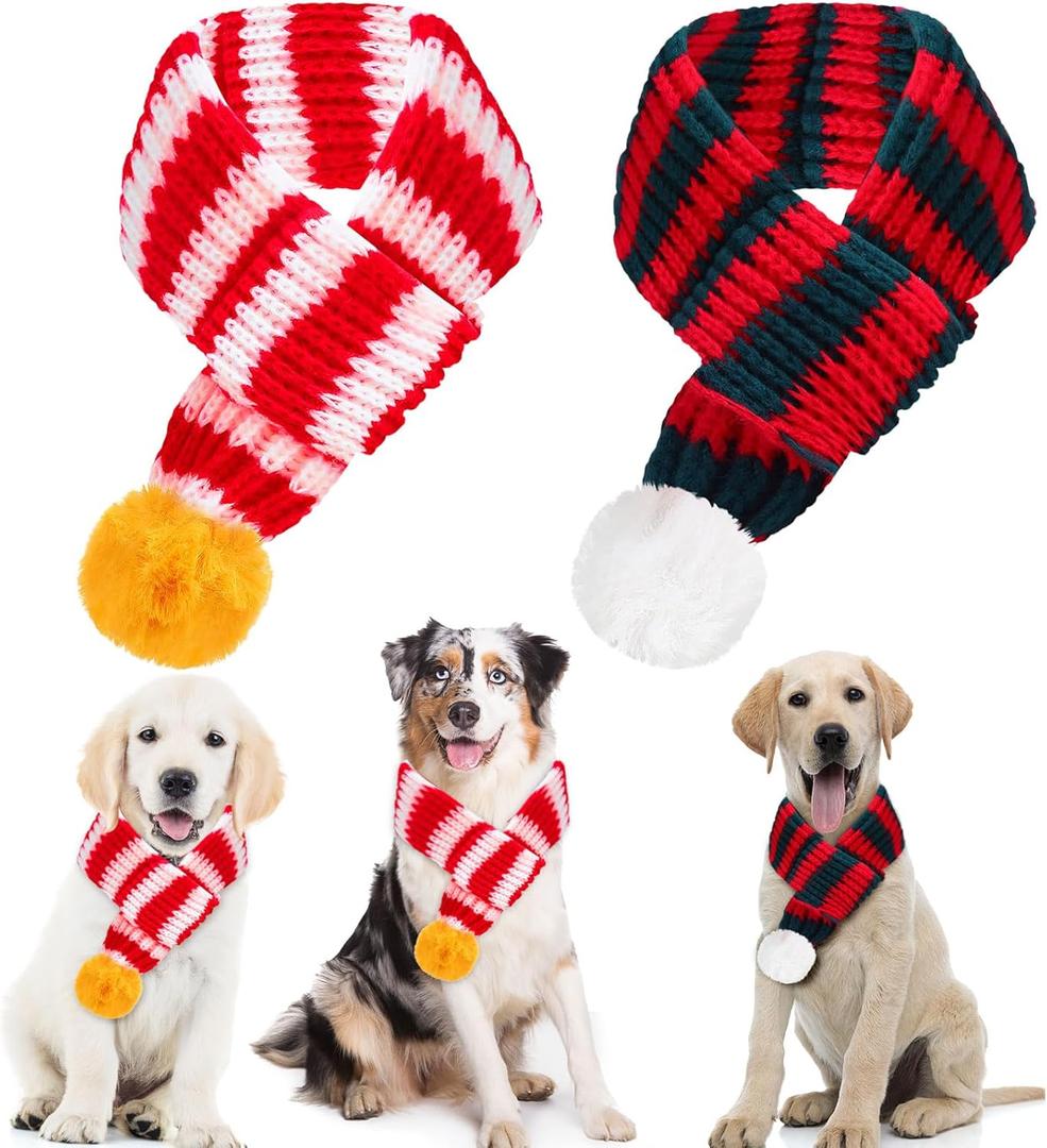 2 x JaGely 2 Pieces Christmas Dog Knitted Scarf Holiday Cute Scarf for Small Medium Cat Xmas Winter Dog Bandanas Decor for Pet(Red and White, Red and Green,Striped)