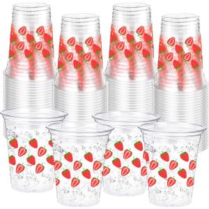 100 Pack Strawberry Plastic Cups 16 oz Red Strawberry Disposable Clear Fruit Cups for Birthday Baby Shower Summer Party Supplies Favors