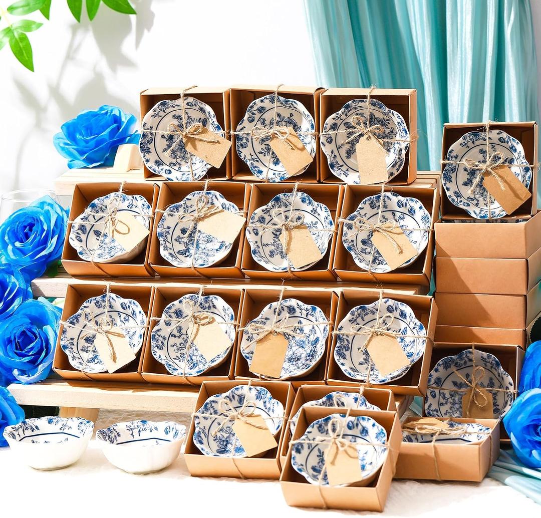 SiliFine 24 Pcs Wedding Favors for Guests Small Ceramic Bowl Bulk Gifts Set 3.3 Inch Floral Design Mini Dipping Sauce Dish with Card Box for Bridal Pooja Baby Shower Birthday (Flower,Blue)