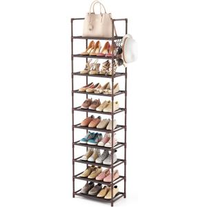 LANTEFUL 10 Tiers Tall Shoe Rack 20-25 Pairs Boots Organizer Storage Sturdy Narrow Shoe Shelf for Entryway, Closets with Hooks, Brown (10 Tier-68" High-17" Wide)