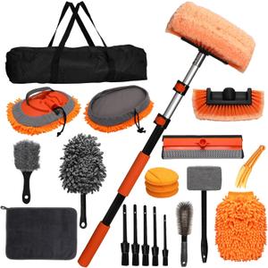21Pcs Car Wash Kit with 60" Heavy-Duty Extension Pole, Soft Car Wash Brush, Wheel & Tire Brush, Scratch-Free Car Mop Mitt & Window Squeegee, Detailing Tool for Car Exterior & Interior Cleaning