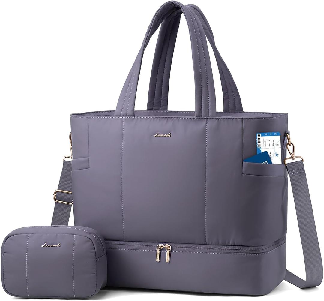 LOVEVOOK Travel Duffle Bag, Puffer Weekender Bags for Women with Shoe Compartment, Carry On Overnight Hospital Bag, Gym Tote (42L-Large, Light Purple)
