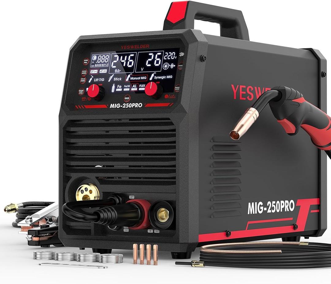 YESWELDER MIG-250 PRO Aluminum MIG Welder, 250Amp 220V Advanced Digital Display, MIG/ Pulsed MIG/ Flux Core/ Aluminum MIG/ Lift TIG/ Stick 6-In-1 Multiprocess Welding Machine, Spool Gun Compatible