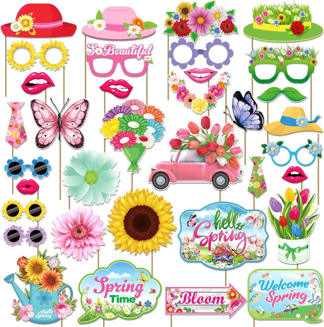 35Pcs Spring Party Decorations Photo Props, Spring Decorations Flower Butterfly Photo Booth Props, Spring Photo Props, Photo Booth Props for Flower Butterfly Party