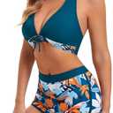 Women Two Piece Swimsuit Bathing Suits Floral Tropical High Waisted Beachwear Board Shorts Halter Tops (Large, Deep Olive Green)